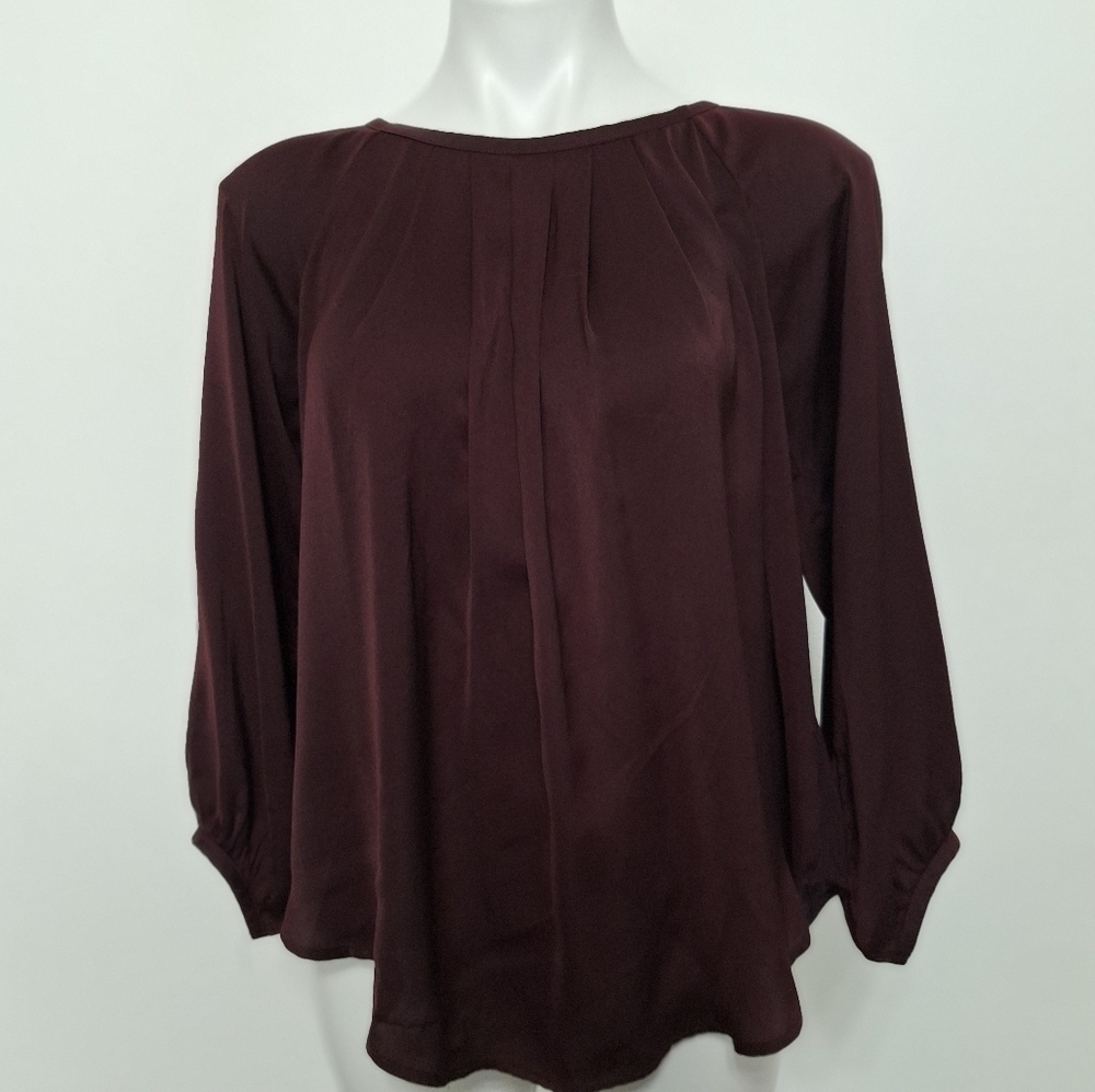 Loft Brown Pleated Long Sleeve Back Tie Gorpcore Romantic Satin Blouse Size S